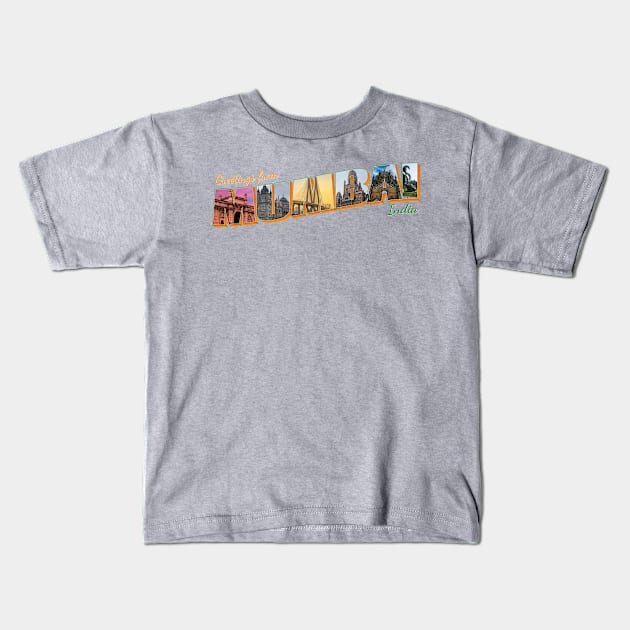 Greetings from Mumbai in India Vintage style retro souvenir Kids T-Shirt by DesignerPropo